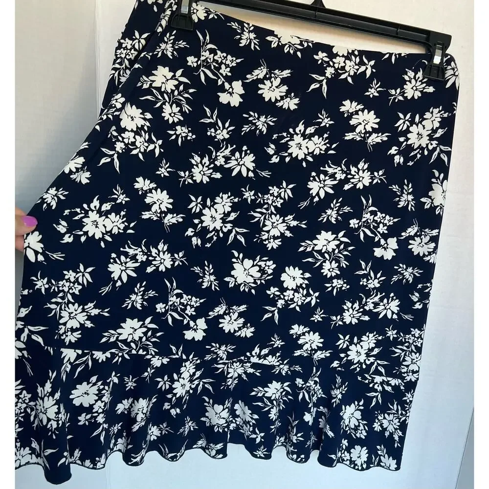 American Living Navy Blue White Floral Skirt with‎ Ruffle Hem Sz XL